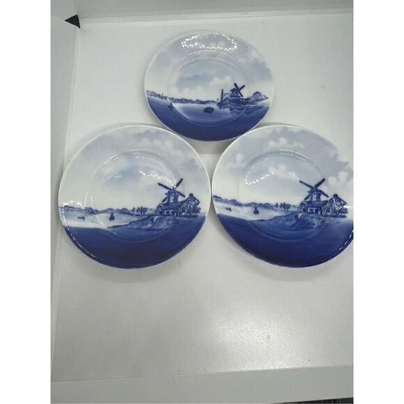 Vintage Set Of 3 Rosenthal Bavaria German Delft Blue Plates 6” Round Windmill